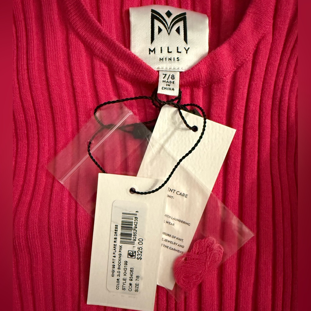 Milly Minis Kid's Girl's Pink vibrant Ribbed Crewneck Fit & Flare Dress Size 7/8 - Picture 3 of 5